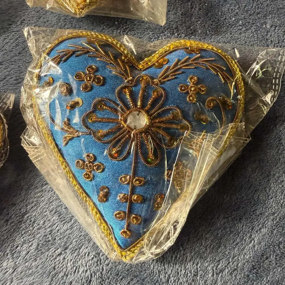 Set of 4 Handcrafted Beaded & Embroidered Heart Ornaments Multi-Color